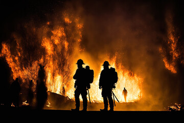 Silhouette of Firemen fighting a raging fire with huge flames of burning timber. Generative AI