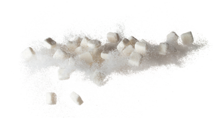 Pure Refined Sugar cube flying explosion, white crystal sugar abstract cloud fly. Pure refined sugar cubes splash stop in air, food object design. white background isolated high speed freeze motion