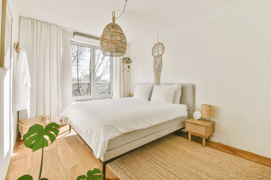 Bohemian bedroom interior of white color