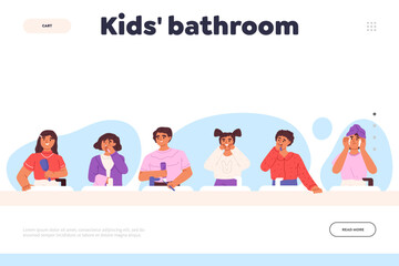 Fototapeta na wymiar Kids bathroom concept of landing page with children doing morning daily routine and hygiene