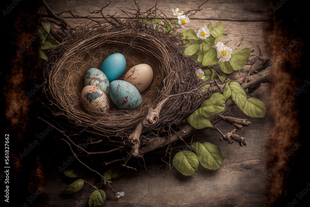 Poster nest with easter eggs on a rustic wooden background. generative ai