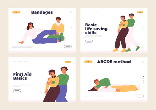 First aid basic skills for saving life concept of template landing pages set with people training