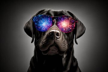 labrador wearing sunglasses surrounded by fireworks made by generative ai