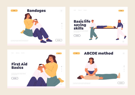 First aid basic skills for saving life concept of template landing pages set with people training