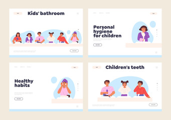Personal hygiene for children concept of landing pages with kids brush teeth, wash face, comb hair