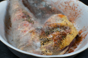Rotten and Moldy chicken meat. Bad conditions of preservation. Close up, Spoiled food. Fungus illness.