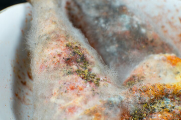 Rotten and Moldy chicken meat. Bad conditions of preservation. Close up, Spoiled food. Fungus...