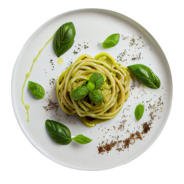 Spaghetti with Pesto and Basil on a White Plate. Generative AI