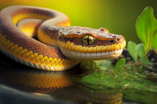 macro shot of yellow brown garden snake made by generative ai