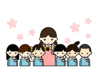 園児たちと先生　桜バック