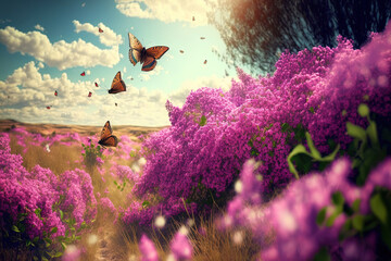 Natural spring landscape with fluttering butterflies on a background of blue sky and wild pink lilac flowers on a meadow. dreamy, airy, and artistic. author processing, soft focus. Generative AI
