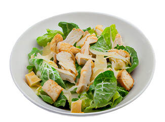 Caesar Salad with Chicken on a White Plate . Illustration Generative AI