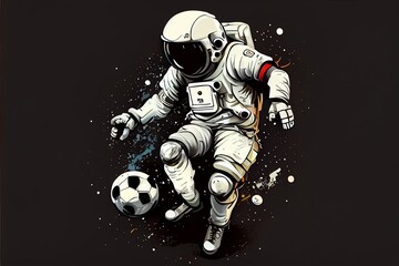 An astronaut playing soccer with a cartoon theme. Generative AI