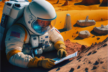 An astronaut is sent on a journey to explore the rugged Mars landscape. The mission is a combination of research and discovery, as the astronaut seeks to uncover the secrets of the red planet Mars.  - obrazy, fototapety, plakaty