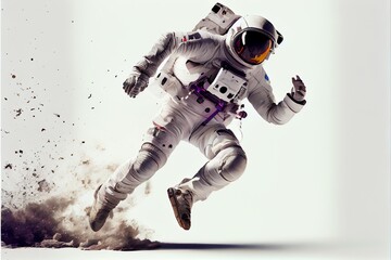 Fototapeta premium An astronaut running on a white background.. Generative AI
