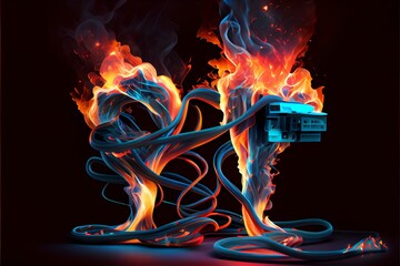 An illustration of burning computer power cables.. Generative AI
