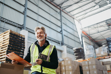 Happy senior man working in a distribution warehouse