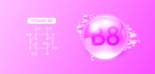 Drop water vitamin B8 pink with chemical structure. Vitamins complex collagen serum. Beauty treatment skincare. Medical and scientific concepts. 3D Realistic Vector EPS10.