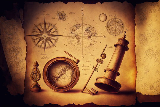 Astronomical instruments from the past on an old paper background. Background information about science, history, mysticism, astrology, etc. that is abstract and old. retro fashion. Generative AI