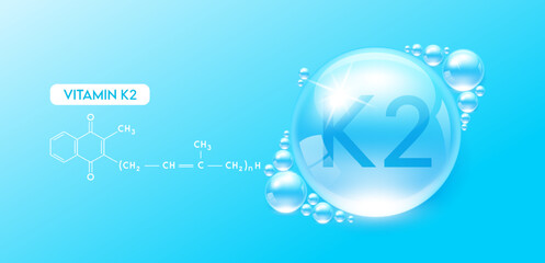Drop water vitamin K2 blue with chemical structure. Vitamins complex collagen serum. Beauty treatment skincare. Medical and scientific concepts. 3D Realistic Vector EPS10.