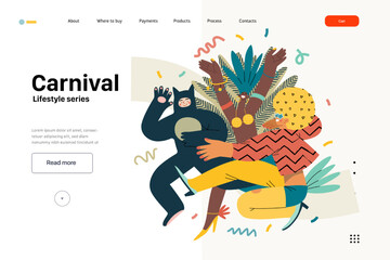 Lifestyle web template - Carnival - modern flat vector illustration of masked people dancing together, taking part in the costume carnival procession. People activities concept