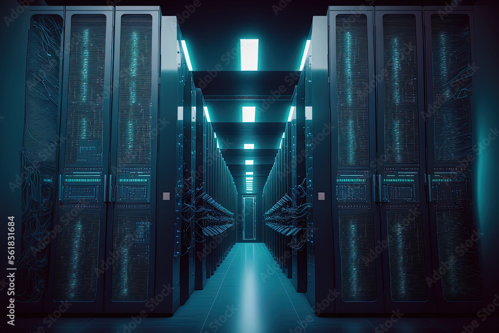Poster data center with servers. information on backup, mining, hosting, mainframes, farms, and computer ra