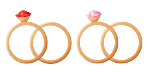 cartoon wedding rings with red and pink stones. illustration for postcards, invitations, congratulations