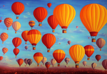 Obraz premium illustration of hot air balloons flying in the sky with clouds Generative AI