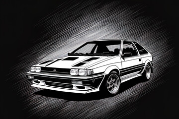 Illustration of an AE86 automobile. Background is in black and white. A wheeled motor vehicle used for transportation is known as a car (or automobile). Generative AI