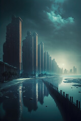 Post apocalypse city with tall buildings ear the ocean. Night storm. Misty and foggy. Dystopian skyline. 