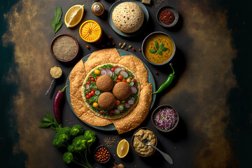 Fototapeta na wymiar Middle eastern or arabic cuisines, falafel, hummus, tabouleh, pita and vegetables on a concrete background, view from above. Generative AI