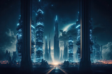 Tall futuristic buildings in a sci-fi city skyline. Night sky. Skyscrapers glowing at night.