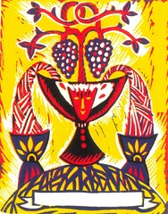 mask, grapes and wine in the style of linocut