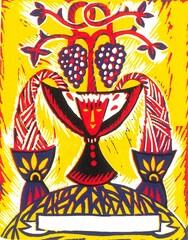 Obraz premium mask, grapes and wine in the style of linocut