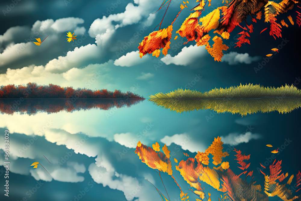 Sticker Autumn foliage and rains on a background of water. Natural background with reflections of clouds in the blue sky and on the calm water. Generative AI