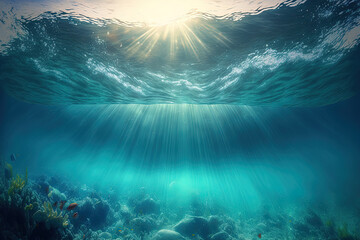 Summertime ocean under the surface in crystal clear water with a surface sunray for background concept design. Generative AI