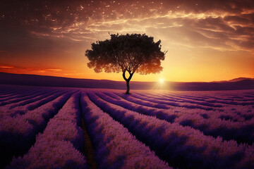 sun setting or rising over a lavendar field with a single tree. Generative AI