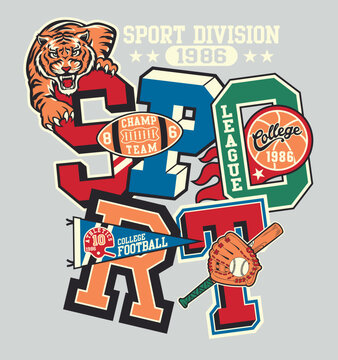 College sporting division sticker patchwork vintage vector artwork for boy shirt athletic patches mix collection