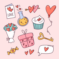 Set of cute Valentine's Day elements, cute cartoon hand drawn style