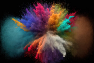 An abstract burst of colourful dust against a dark background. Multicolored glitter texture, abstract powder background, and freeze motion of white powder exploding throwing color powder. Generative