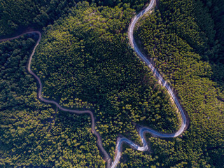 Aerial View of Countryside Road Passing Through the Green Forrest and Mountain.