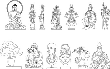 sketch vector illustration of ancient statues of ancient gods and goddesses of china and buddha