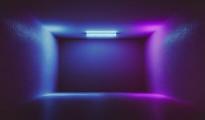 Purple and blue light shines brightly in a dark room. Generative AI.