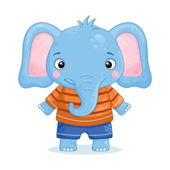 Baby boy elephant stands and smiles in a clothes. Cute animal on a white background. Vector illustration in a cartoon style.