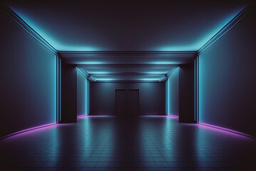 Purple and blue light shines brightly in a dark room. Generative AI.