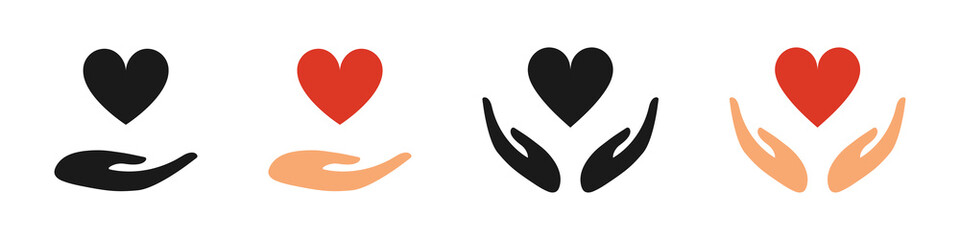 Heart icon in hands. Set of illustrations