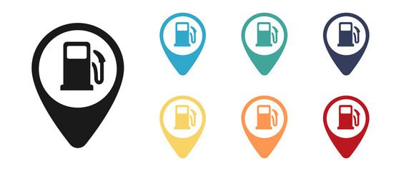 Gas station icon label on the map. Set of illustrations.
