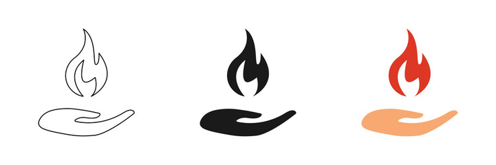 Flame of fire in hand. Vector icon set