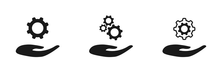 Hands with cogwheel and gears. Set of illustrations.