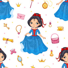 Cartoon seamless pattern with hand drawn cute little princess girl and design elements.. Vector illustration.